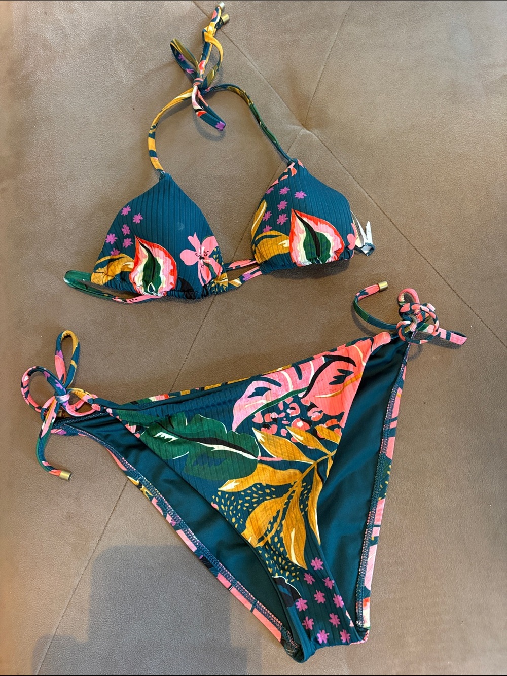 Vitamin A Teal Floral Tie-Side Bikini - Pink Yellow Green Accents